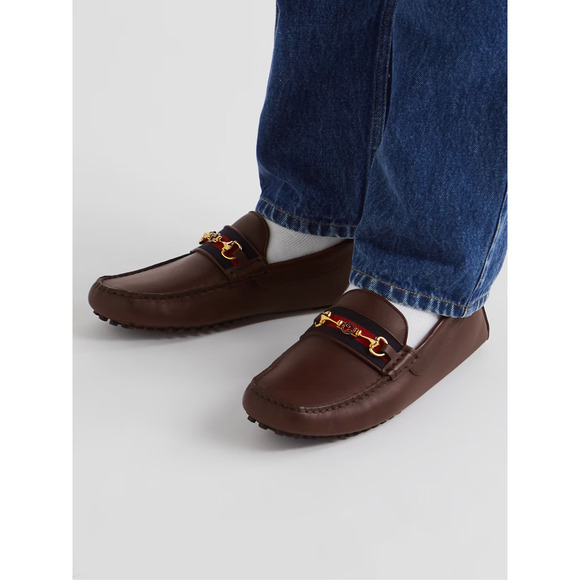 NWT Gucci Ayrton Webbing-Trim Horsebit Leather Driving Loafers Brown Mens US 12 main image 5